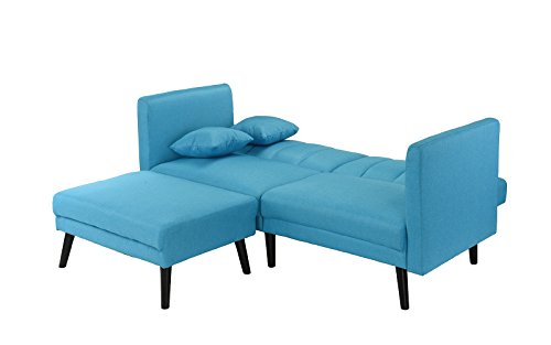 Mid-Century Modern Linen Fabric Futon Sofa Bed, Living Room Sleeper Couch (Sky Blue) - Thumbnail 3