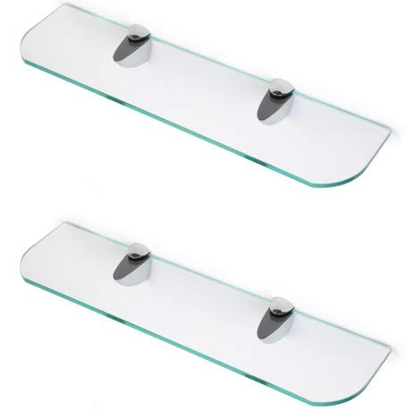 6mm Thick Toughened Glass Shelves With Curved Corners and Large Chrome Finish Shelf Supports 600mm (24” approx) and 500mm (20” approx) Black, White and Clear (500mm x 100mm, Clear 2 Shelves)