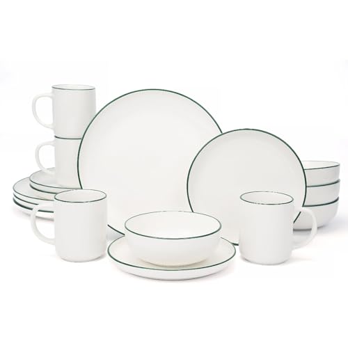 OTAGO 16-Piece Dinnerware Set for 4 with 4 Mugs, White with green