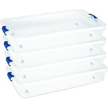 Homz Plastic Storage Underbed Tote Box, Twin/King, with Lid, Latching Handles, 60 Quart, Clear, Stackable, 4-Pack