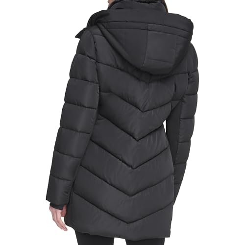 CALVIN KLEIN WOMEN’S WINTER PUFFER COAT – COZY FAUX SHERPA LINED HOOD WITH INSET BIB, LONG QUILTED JACKET, BLACK, M