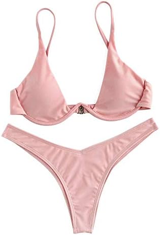 Rehao Women Brazilian Bikini Set Sexy Adjustable Stripe Push Up Top Thong Bottom Two Piece High Waisted Bikini Swimsuit