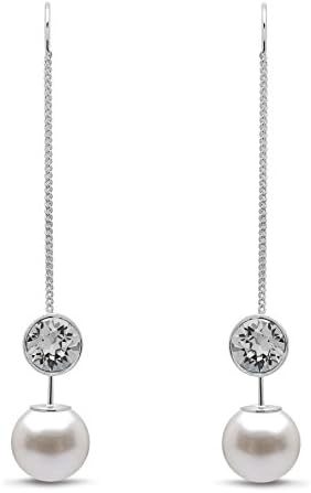 The Gemseller Women’s Swarovski Silver Night Crystal Studded Pearl/Disc Drop Chain Earrings with 14K White Gold Plating
