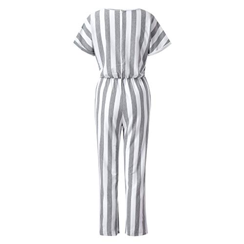 Corriee Rompers for Women Casual Summer Striped Short Sleeve O-Neck Long Jumpsuit Gray