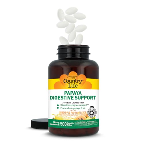 Country Life Chewable Papaya Enzymes for Digestion Support - Natural Pineapple & Papaya Flavor, Assists with Nutrient Absorption, Contains Papain & Protease - 200 and 500 Wafers Available | Chewable, Digestion Support, Assists Nutrient Absorption, Contains Papain & Protease