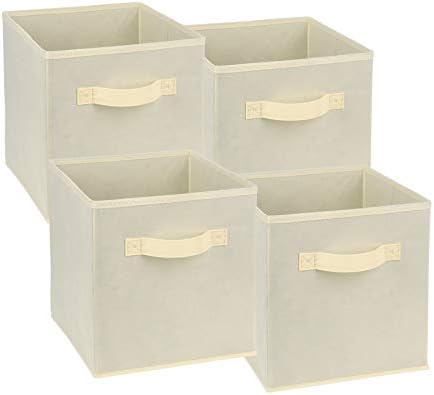 Zonyon 4-Cube Heavy Duty Storage Container, Foldable Fabric Storage Cube,Basket,Bookshelf Organizer,Nursery Hamper with Handle for Women,Men,Kids,Toys,Bedroom,Closet,Office,11''X11''11'',Beige