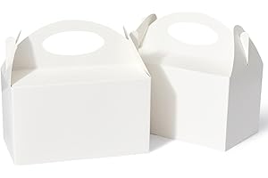 Happyhiram 50 Pcs Party Treat Boxes - White, 6 Inch Candy Boxes with Handle - Paper Cookie Gift & Snack Goodie Bags for Kids Birthday, Baby Shower, Wedding
