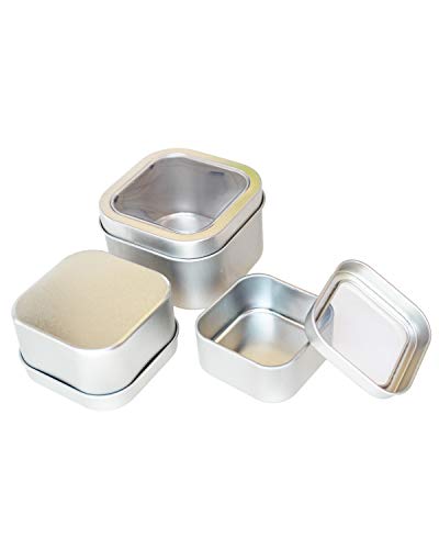 18-Pack Empty Square Silver Metal Tins with Clear Window for Candle Making, Candies, Gifts & Treasures, Mixed Sizes - Thumbnail 3