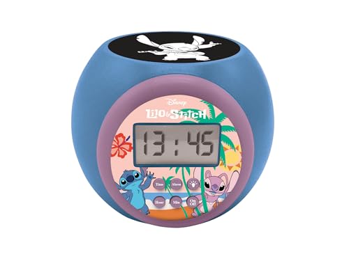 Lexibook, Disney Stitch, Projektionswecker mit Schlummerfunktion und Alarmfunktion, Nachtlicht mit Timer, LCD-Bildschirm, batteriebetrieben, blau, RL977D
