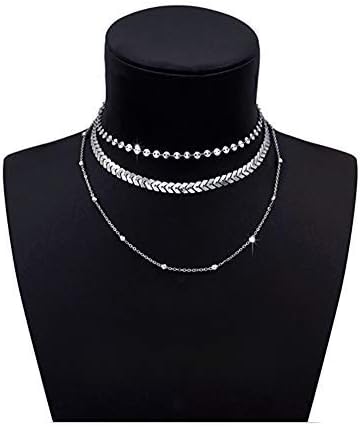 HUNO Simple Layered Coin Chevron Fishbone Chain Beads Disc Choker Necklace for Women