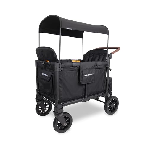 WONDERFOLD W4 Luxe Pro Stroller Wagon (4 Seater) - Collapsible Wagon Stroller with Seats Featuring 5-Point Safety Harnesses and Adjustable Sun Canopy, Jet Black