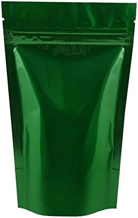Rightpak Stand Up Pouches 25 Pieces 11cm x 17cm, Green Shiny Heat Sealable Tear Notches Smell Proof for Food Storage With Ziplock