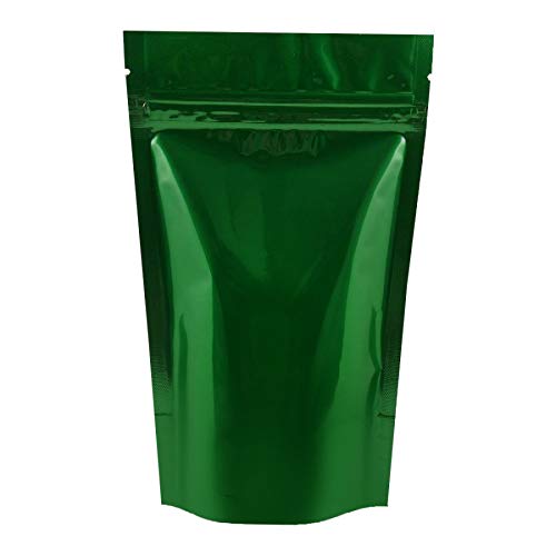 Rightpak Stand Up Pouches 25 Pieces 11cm x 17cm, Green Shiny Heat Sealable Tear Notches Smell Proof for Food Storage With Ziplock