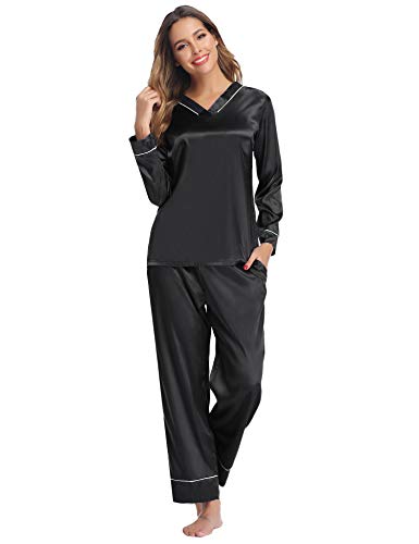 Hawiton Women's Silk Satin Pajamas Set V Neck Long Sleeve Sleepwear Loungewear with Pockets Black