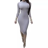 Laiyuan Women Turtleneck Long Sleeve Slim Bodycon Wrap Tunic Pencil Midi Dress