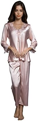 SheSmile Women Sexy Silk Summer Sleepwear Femme Satin Lace 2pc Long Pajamas