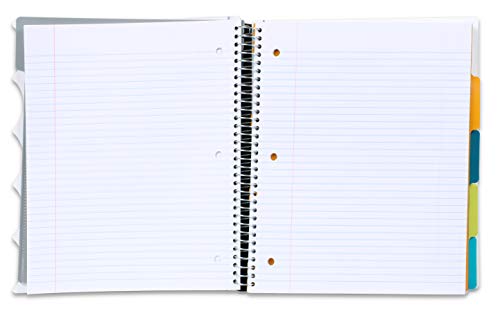 Mintra Office Durable PREMIUM Spiral Notebook - Fabric Covered Coils, No Snags, Removable Adjustable Pocket Dividers, Ruler, Organization, Customizable ((White, 5 Subject, 8.5in x 11in))