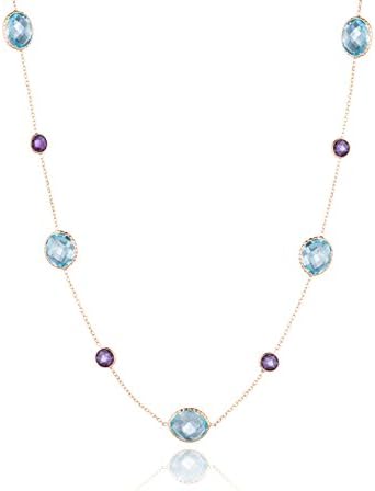 14k Yellow Gold Necklace with Blue topaz and Dark amethyst Gemstones Ovel and Round Shape on Cable Chain