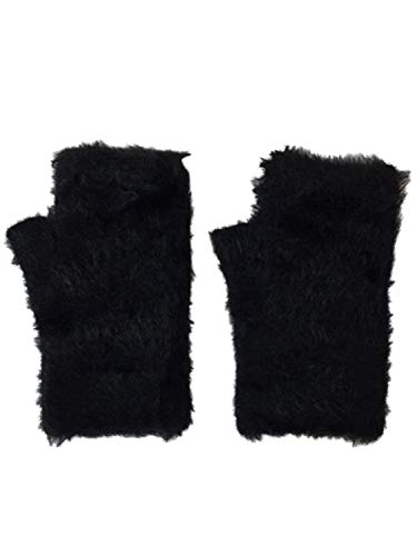 Womens Fuzzy Black Faux Fur Fingerless Knit Gloves Text & Tech