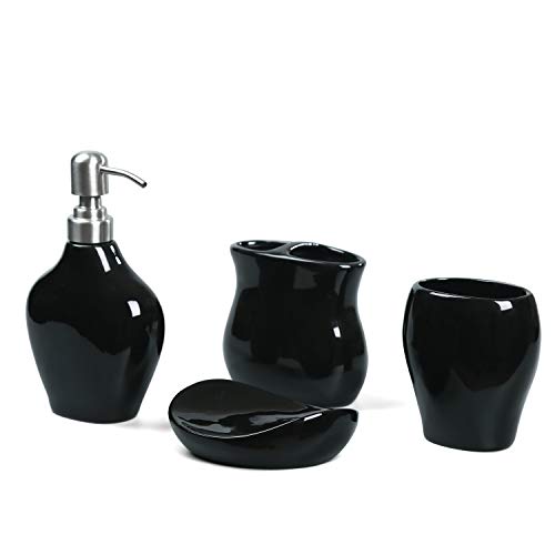 FORLONG FL3021 Black Ceramic Bathroom Accessories Set of 4:1 Gargle Cups,1 Toothbrush Holders,1 Soap Dishes,1 Soap Dispenser