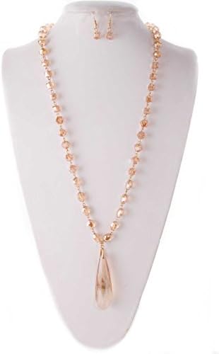Extra Long Light Honey Peach Colored Glass Bead Drop Pendant Necklace 26” w/ Dangle Drop Earrings