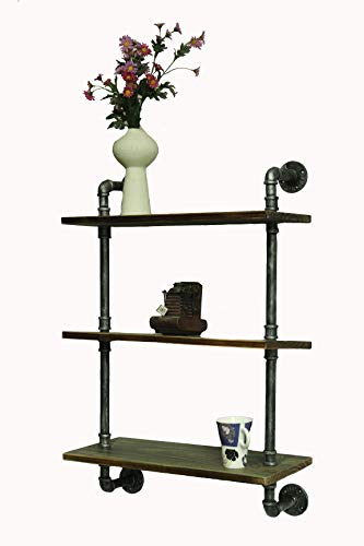 Industrial Pipe Shelving Bookshelf Rustic Modern Wood Ladder Pipe Wall Shelf 3 Tiers Wrought IronPipe Design Bookshelf DIY Shelving (Dia 25mm, Silver) - Thumbnail 4