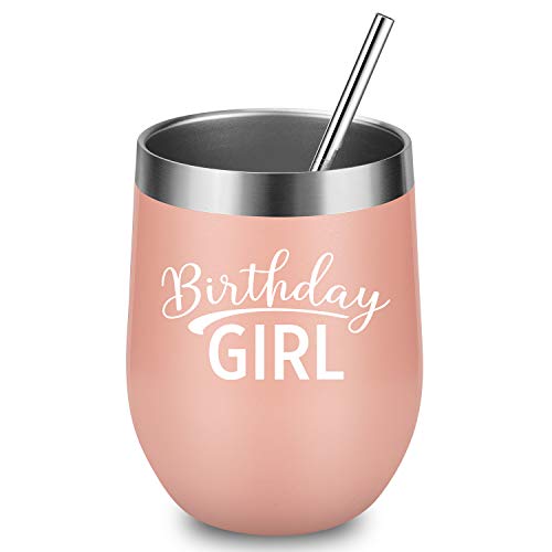 Birthday Girl - LEADO 12 oz Stainless Steel Insulated Wine Tumbler with Lid and Straw, Stemless Novelty Sippy Cup, Perfect Girl’s Funny Gift for Birthday, Valentines (Blush Gold) - Thumbnail 5