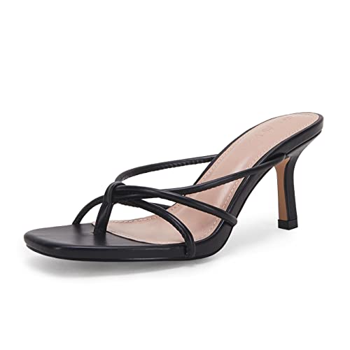 LAICIGO Women’s Square Open Toe Flip Flops Stiletto Heels Strappy Thong Slide on Slingback Mules Sandals