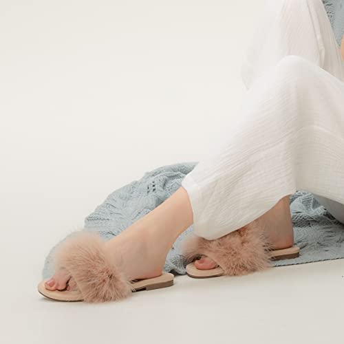 Amélie Home Women\'s Sexy Fashion Slide Slippers - Beige Furry Turkey Feather Open Toe Comfy Fuzzy Suede Lined House Sandals for Spring & Summer,Size 6