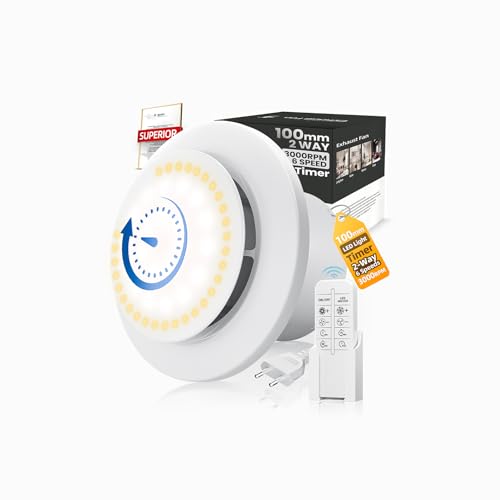 SLUELI 100 mm Bathroom Fan with Caster and LED Lighting, 3000 rpm, 220 m³/h, 2 Way, 6 Rotation Levels with Indicator Lights and Remote Control, Strong Air Performance, 2 W DC Motor, Easy to Install