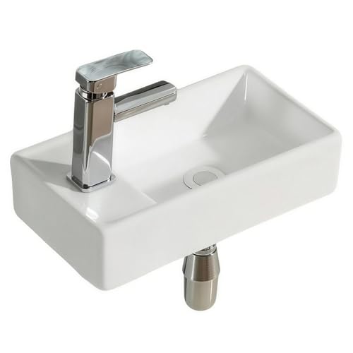 Lavabo de Baño Suspendido de Cerámica Blanca, Medidas 41.5×29×10cm, Diseño Moderno, Ahorra Espacio, Fácil de Instalar para Baño Doméstico
