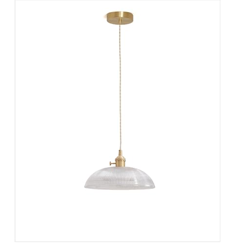 Photo 1 of mooijane Vintage Ribbed Glass Pendant Light with Brass Finish, Gold Antique Wire Pendant Light, Industrial Retro Style Hanging Fixture for Kitchen, Dining Room, Adjustable Height, E26 Base, 60W Max