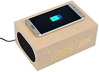 TuoP@ Multi-Function Stereo Bluetooth Wood Speaker QI Wireless Charger Bedside System with Built in Mic, NFC and LED Temperature/Time Display, Alarm Clock for Smartphone Laptop Tablets MP3