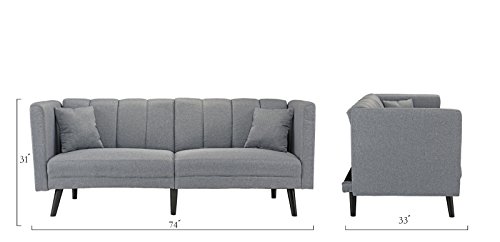 Sofamania Mid Century Modern Plush Tufted Linen Fabric Living Room Sleeper Futon (Light Grey)