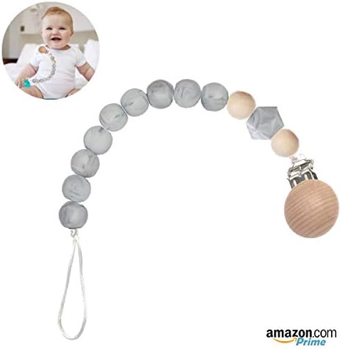 Monochrome Teether Pacifier Silicone Bead Binky & Soothie Holder for Baby Boys & Girls, Chewable Teething Toy Leash to Soothe Babies Sore Gums Wood & Grey Gender Neutral Pacifier Clips (Marble)