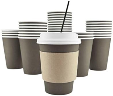 100 Pack - AmeriWares Disposable Hot Paper Coffee Cups - Brown, 12oz , Lids, Sleeves, Stirring Straws for Home, Office, or B&amp;B- To Go - Recyclable - USA Seller