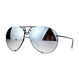 Oversized Round Aviator Sunglasses Metal Rims Black, Silver Mirror Lens
