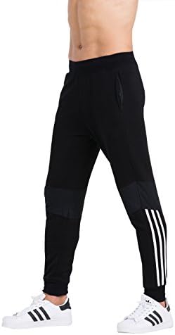Fight Eagle Men's Active Basic Jogger Pants 100% Cotton Athletic Sweatpants with Zipper Pockets (black-white-2, Large)