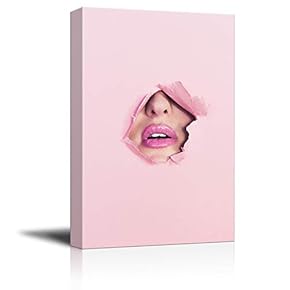 Canvas Wall Art - Plump Bright Lips Peep into The Slit of Pink Paper - Giclee Print Gallery Wrap Modern Home Art Ready to Hang - 12x18 inches