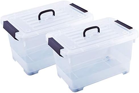 Clear Plastic Storage Box, with Black Handle, Stackable 17 Quart Storage Bin with Latch/Lid/Sheave, 2-Pack
