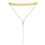 Layered Gold Metal Choker Necklace with Tassel Pendant Lariat Withe Gols Women Choker Necklace Golden Long Chain Double Choker Necklace for Women Girls