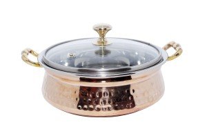 Copper Stainless Steel Hammered Handi Serving Bowl With handles & Glass lid ((10 OZ(DIAMETER-5" INSIDE);(HEIGHT-1 1/2" OUTSIDE))