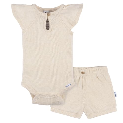 Gerber Baby Girls' Bodysuit and Shorts Set, Light Oatmeal Heather, 24 Months