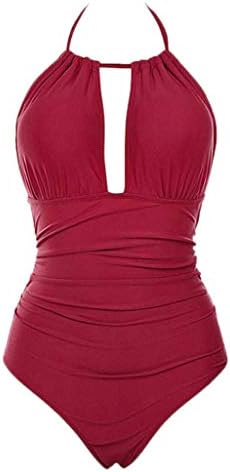 Deloito Women Cut Out Halter One Piece Swimming Costume Tummy Control Pure Color High Waist Monokini Swimwear