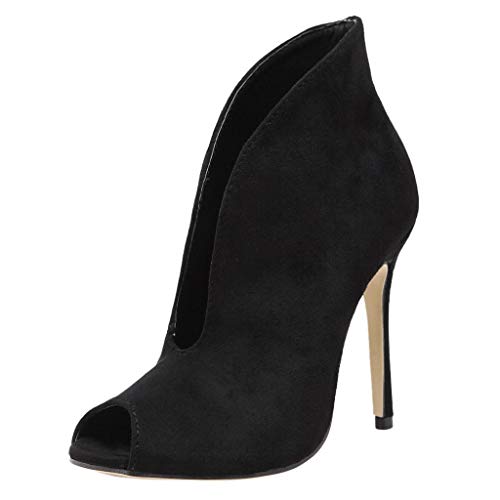 Cenglings Women’s Sexy V Port Fish Mouth Pumps Stiletto Heel Sandals Slip On Suede Women Club Party Shoes Black