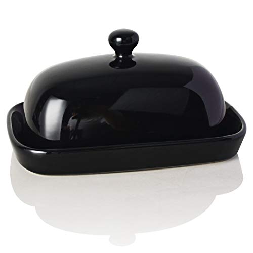 Sweejar Ceramic Butter Dish with Lid for Countertop,Porcelain Butter Keeper with Knob Handle,Butter Container for East/West Coast Butter, 7.1*3.7 inches (Black)