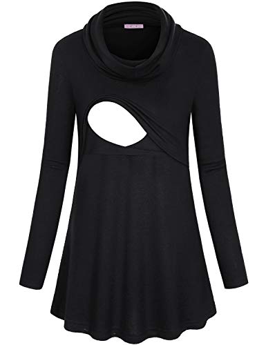 JOYMOM Breastfeeding Tops for Women,Mama Cowl Neck Pregnancy Maternity Nursing Clothes Gravida Elegant Hemline Snug Long Postpartum Blouse Workout Sweater Black S - Thumbnail 5