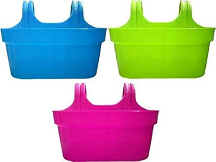 SKYCAP Double Hanging Hook Plastic Flower Pot and Plant Container for Balcony and Terrace Railing (Blue-Green-Pink of 3),Combo