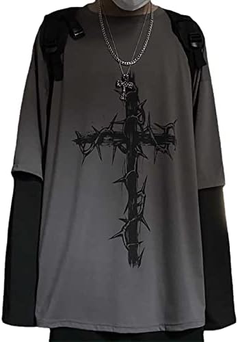 Y2K Black archive punk grunge ダメージ　ロンT MLAFE Goth Long Sleeve Top Y2K Thorn Cross Print T-shirt Large