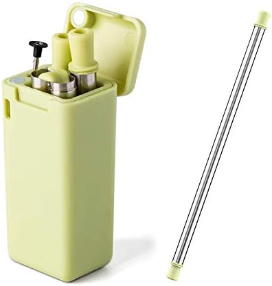 Collapsible Reusable Straws, Stainless Steel Silicone Metal Drinking Straw, Portable Folding Straws with Hard Case and Cleaning Brush 1 Pack (Green)